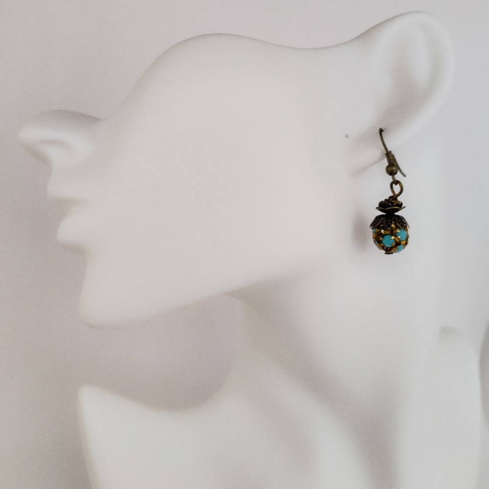 Vintage Design Turquoise and Brass Drop Earrings
